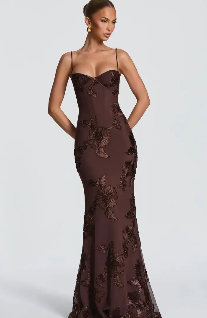 Robe longue élégante pour femme avec broderie florale 3D