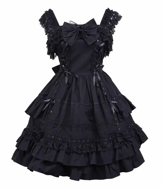 Ainclu – robe trapèze classique mi-longue noire, en coton, sans manches, avec dentelle, nœud, ruban,