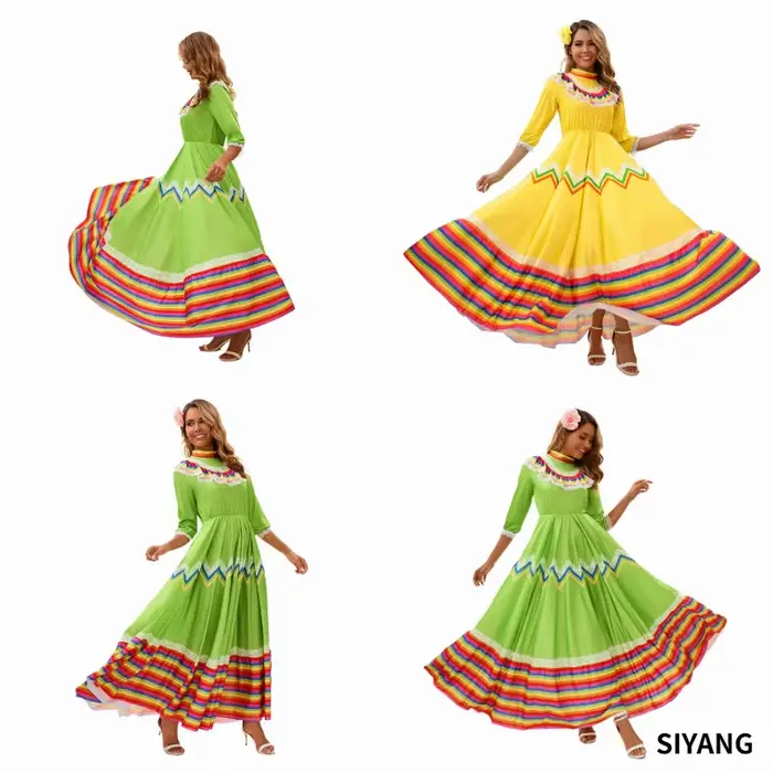 Robe longue ethnique espagnole et mexicaine rétro médiévale pour femmes, tenue de fête, de spectacle ou de jeu de rôle à thème