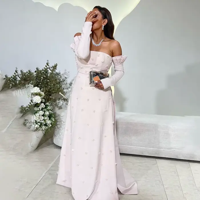 Sharon Said Robe de soirée rose élégante pour femme avec perles florales 3D surjupe à manches longues pour mariage SS540 personnalisable