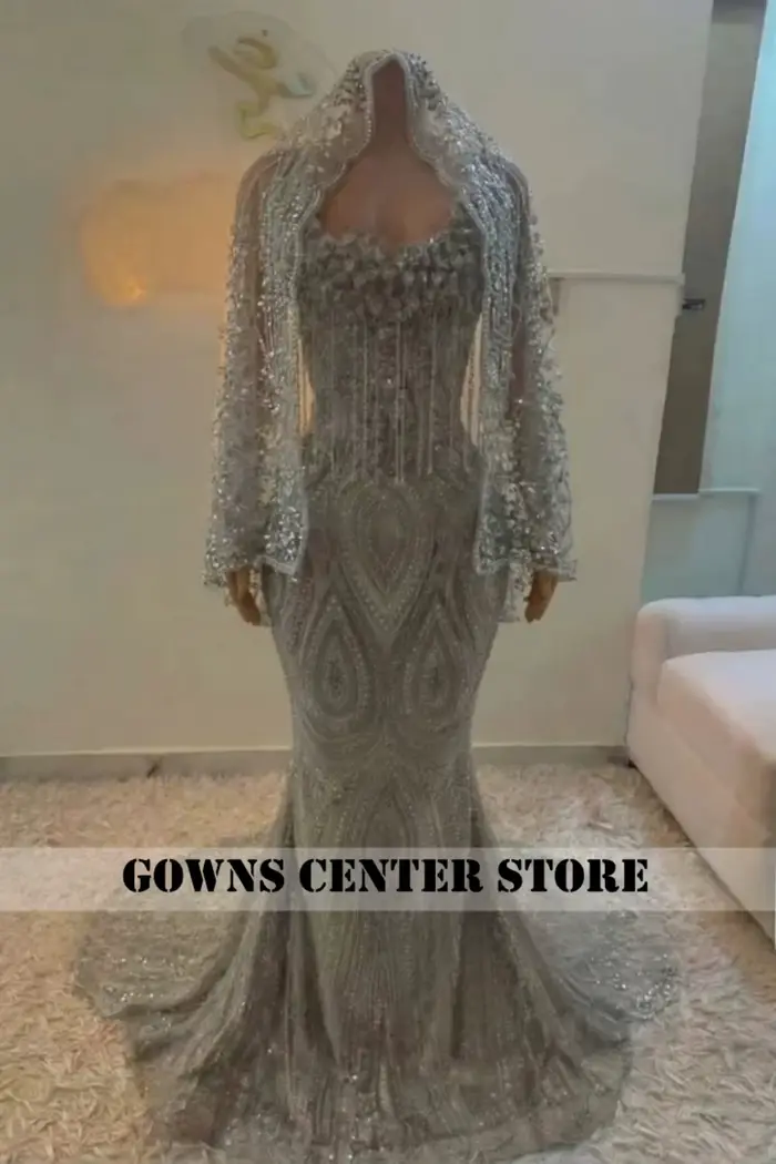 Robe de bal argentée pour filles noires avec couvre-tête à perles et pierres, robes de soirée sirène