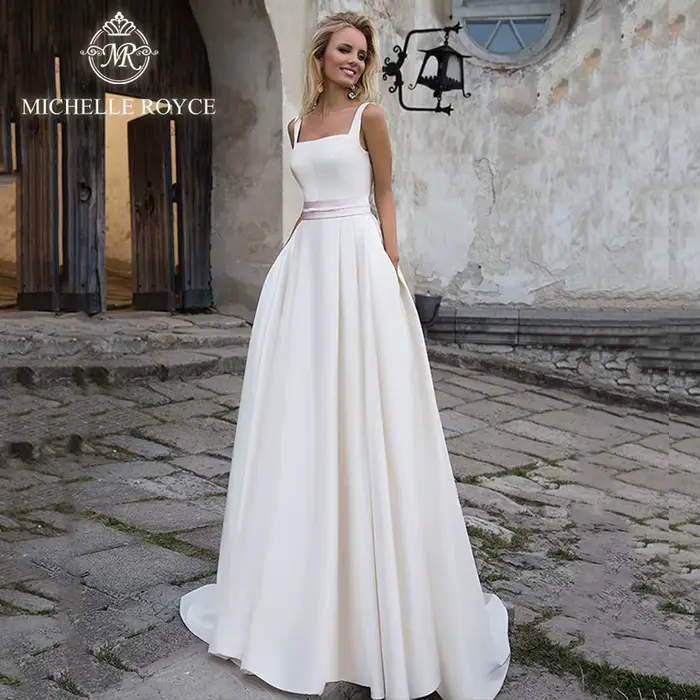 Michelle Royce-Robe de mariée en satin A-ligne, robe dos nu carrée simple sexy, robe de princesse de