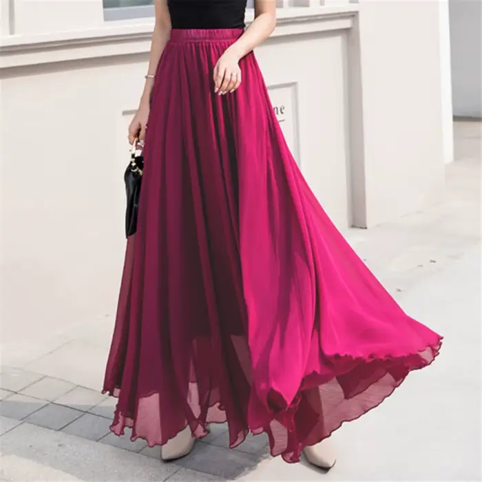 Jupe patineuse longue taille haute en mousseline de soie pour femme, polyester haute élasticité, style décontracté, adapté aux quatre saisons, couleurs vibrantes et douces, pour les femmes d'âge moyen, occasions quotidiennes et festives
