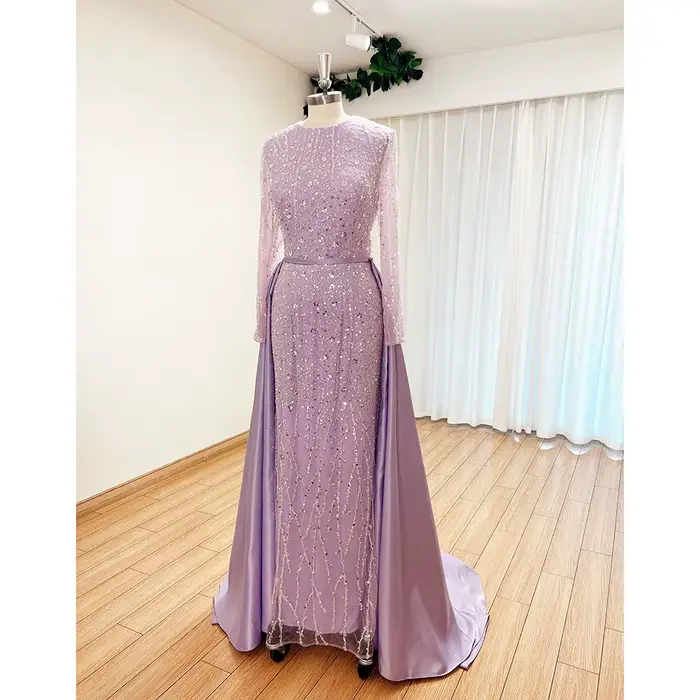 Robe de soirée musulmane élégante col rond manches longues style sirène traîne détachable paillettes robe de bal personnalisée occasions spéciales