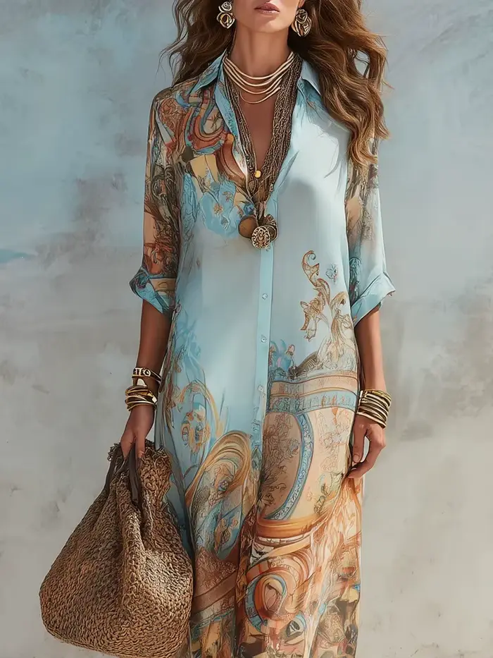 Robe longue élégante en polyester imprimé numérique, col rabattu, simple boutonnage, style bohème pour femme et jeunes filles occasions spéciales été