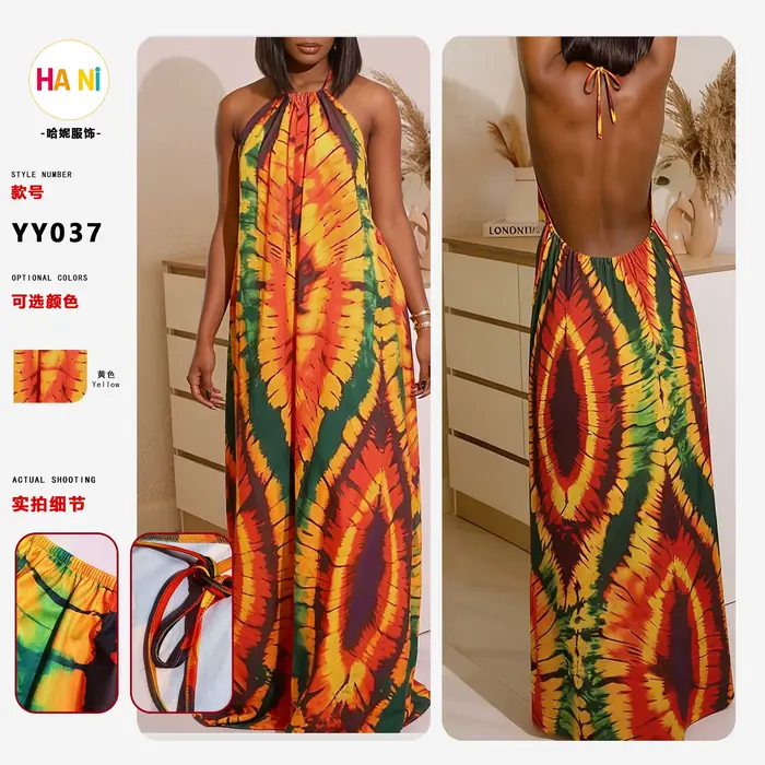 Robe longue style bohème pour femme, imprimé vacances, col halter, dos nu, coupe ample, style frais