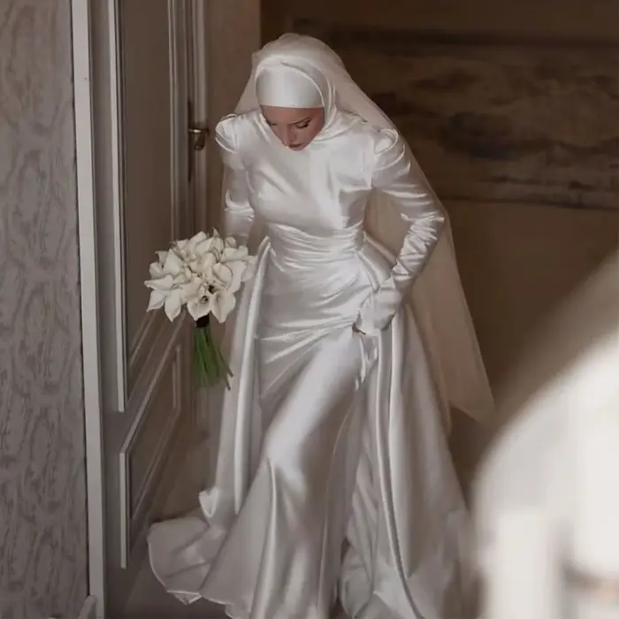 Robes de mariée sirène musulmanes de luxe avec traîne détachable, manches longues, col montant, en s