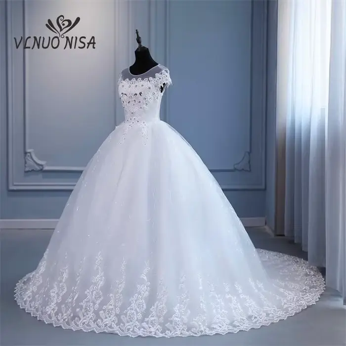 VLNUO NCrawPluse-Robe de mariée à col rond avec manches