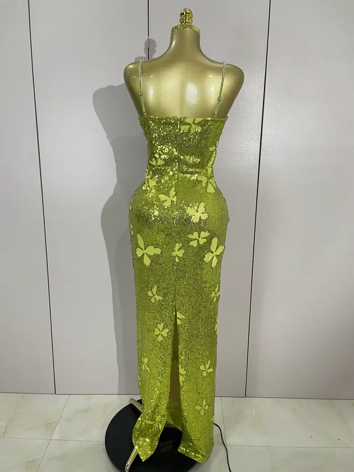 Élégant brillant papillon cristal Sexy licou vert moulante longue robe femmes célébrer soirée fête d