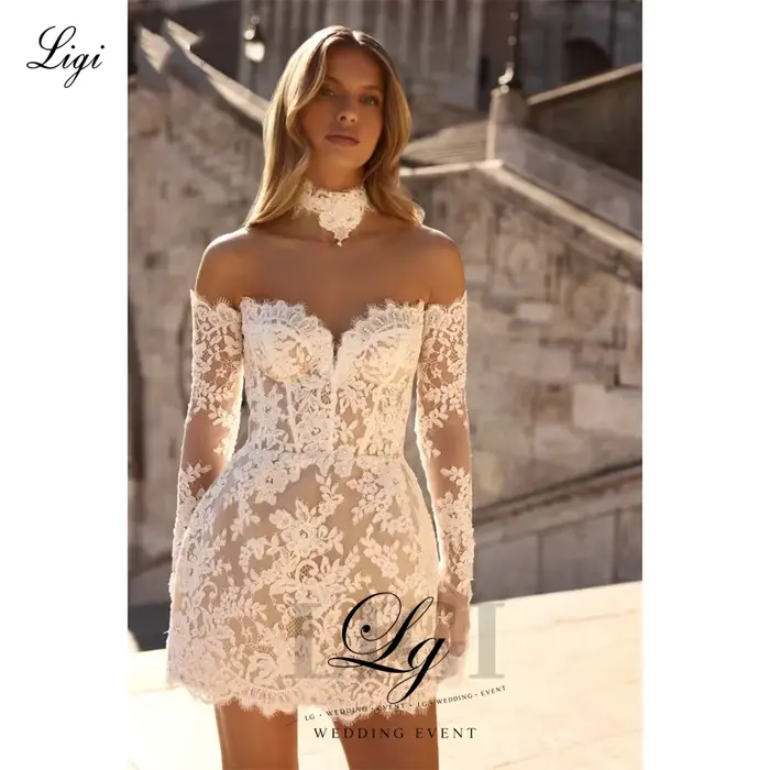 Robe de mariée courte de luxe LIGI en dentelle avec manches longues, décolleté cœur, dos illusion, mini-robe pour femmes occasions spéciales