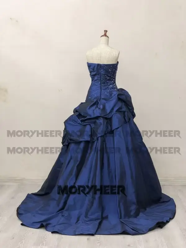 MORYHEER Robe de bal élégante froncée sans bretelles avec fleurs 3D et strass