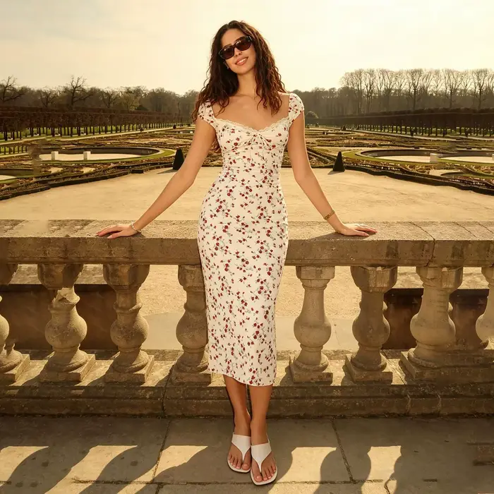 Robe longue rétro française à motif floral rose avec taille cintrée et plis fins