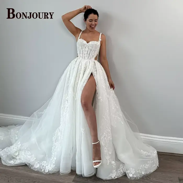 BONJOURY Vinatge robes de mariée pour femmes bretelles Spaghetti fermeture éclair haute fente a-lign