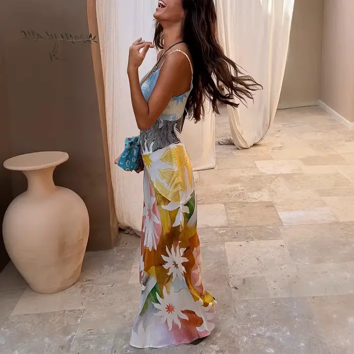 Robe en lin pour femme, imprimée, style bohème, pour le printemps et l'été, robe de plage, robe longue, tenue de vacances