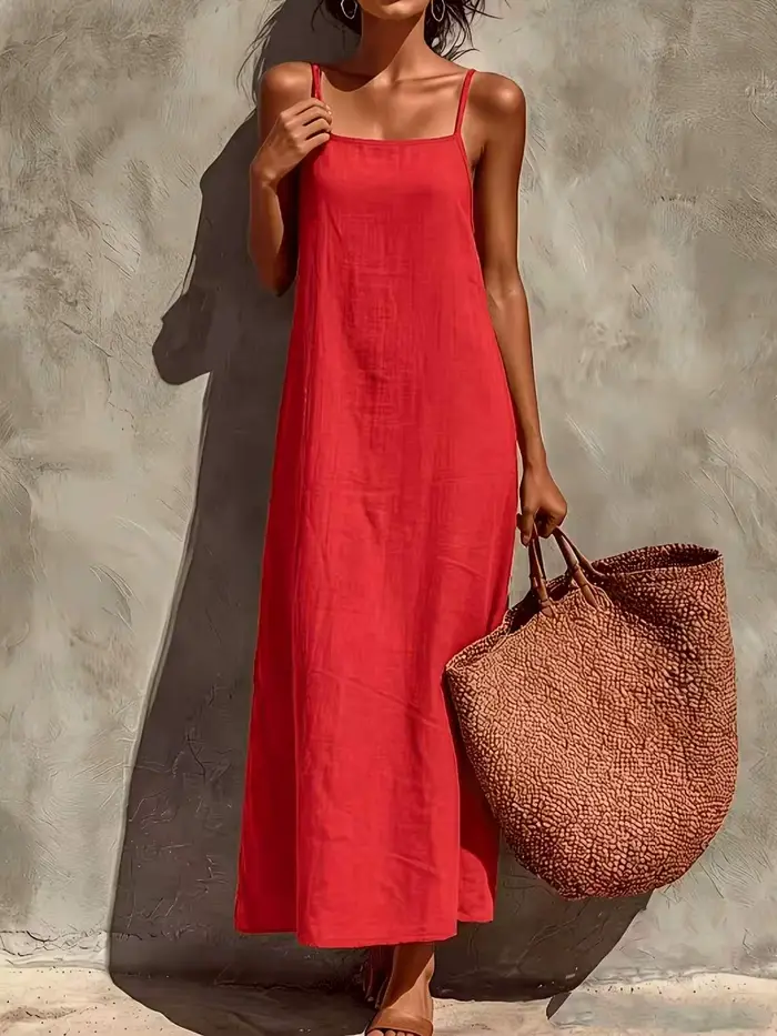 Nouvelle Robe Longue Droite Ample en Lin Français pour Femme, Col Carré Rouge Rétro, en Lin Texturé Sélectionné Anti-Humidité