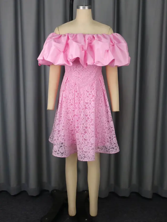 Robe rose à épaules dénudées manches bouffantes dentelle florale ligne A pour femmes soirées d'entreprise anniversaires mariages