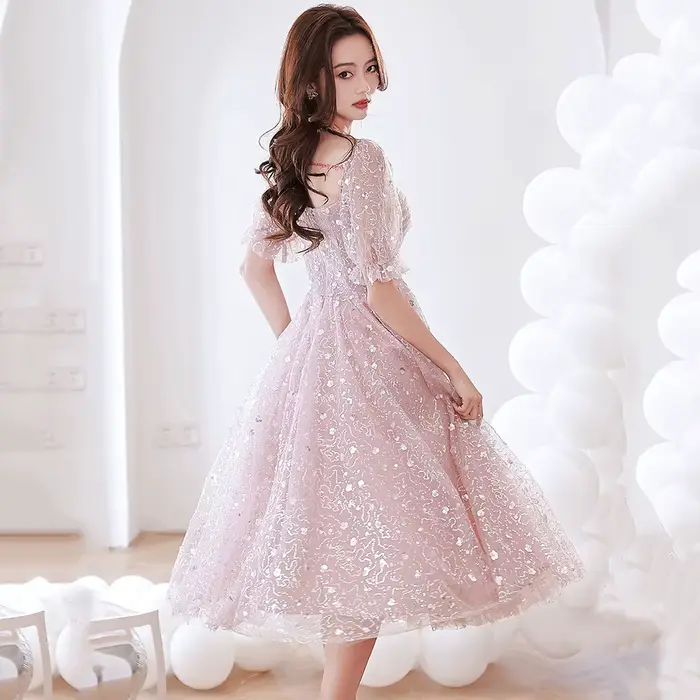 Robe de soirée rose à manches lanterne pour femmes