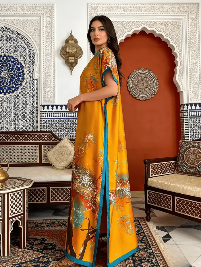 1 ensemble (robe + foulard) Kaftan luxueux pour femme - Imprimé floral jaune vibrant