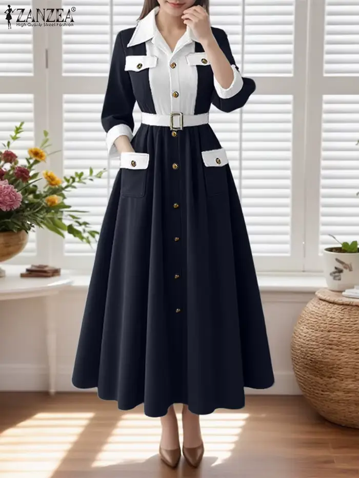 ZANZEA Robe de soirée élégante sans ceinture femmes à manches longues couleur Patchwork Maxi longues