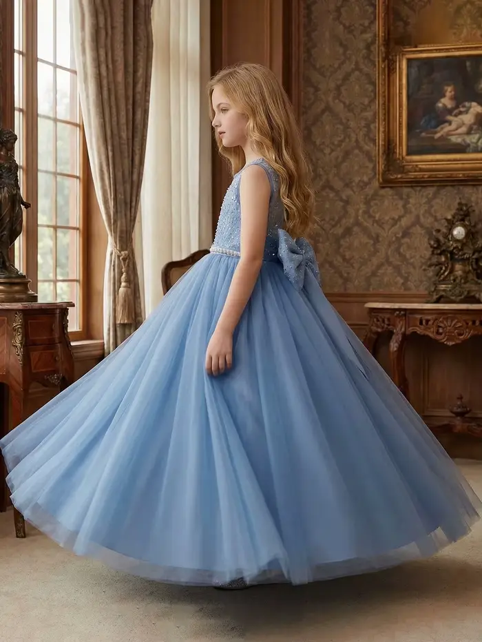 Robe de soirée longue gris-bleu pour filles avec grand nœud et col en V – Une magnifique robe de soirée pour anniversaire, bal, banquet