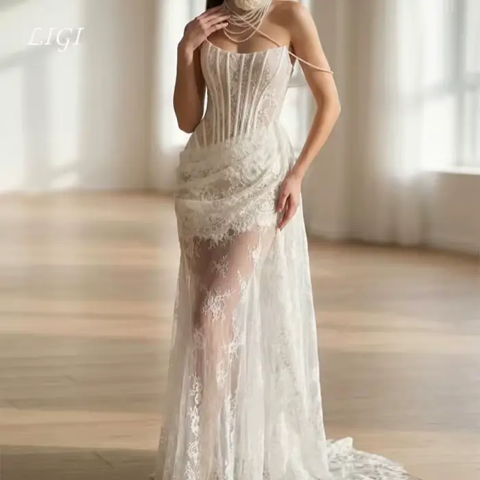 Robes de mariée sirène en dentelle sexy personnalisées LIGI, robes de mariée sans bretelles à effet 