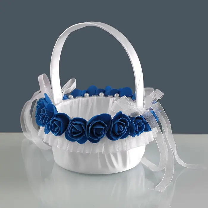 Panier à fleurs de mariée en satin, décoré de fleurs bleu saphir, avec un nœud - Panier à fleurs pou