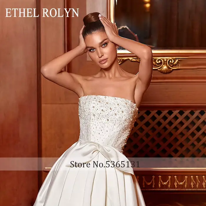 ETHEL ROLYN robe de mariée trapèze luxueuse perles de cristal sans bretelles Satin