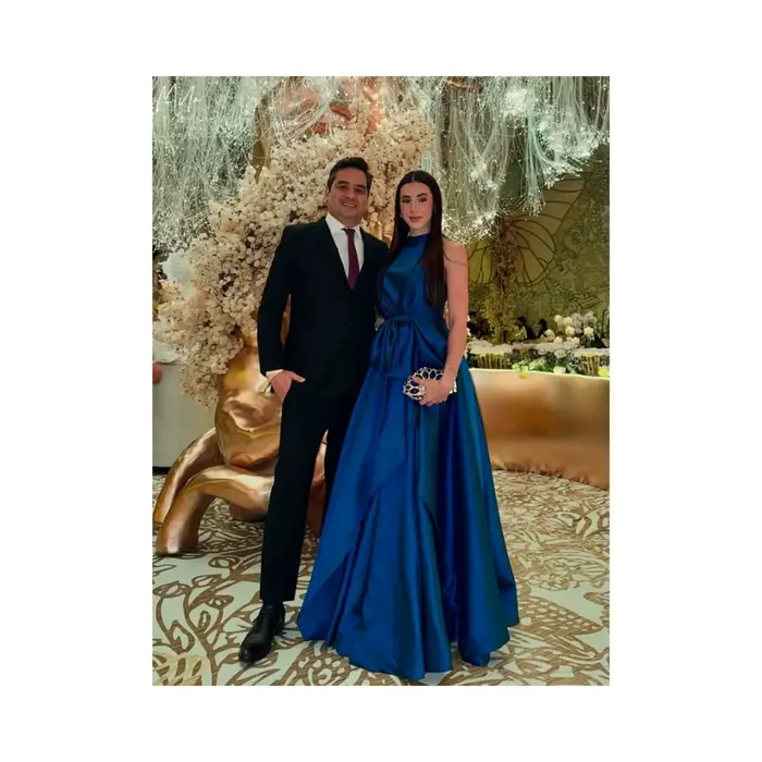 Mila bleu col haut robe de mariée personnalisé sans manches nœud sangle Satin robes de soirée élégan