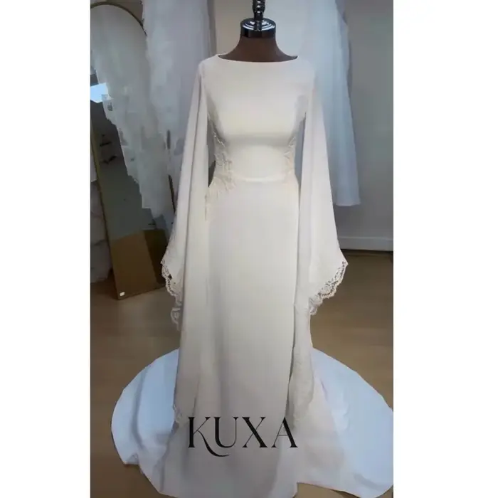 Robe de mariée KUXA en dentelle avec train de cour, silhouette une ligne, col rond, manches longues, soutien-gorge intégré, polyester et coton, pour femmes enceintes et cérémonies traditionnelles musulmanes