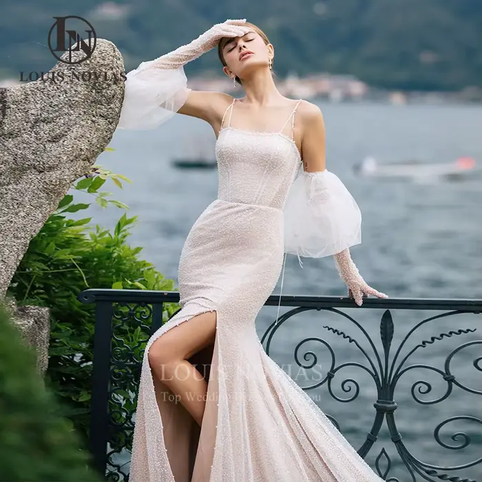 Modiis-Robes de mariée sirène avec manches bouffantes, robe fendue sur le devant perlée, bretelles s