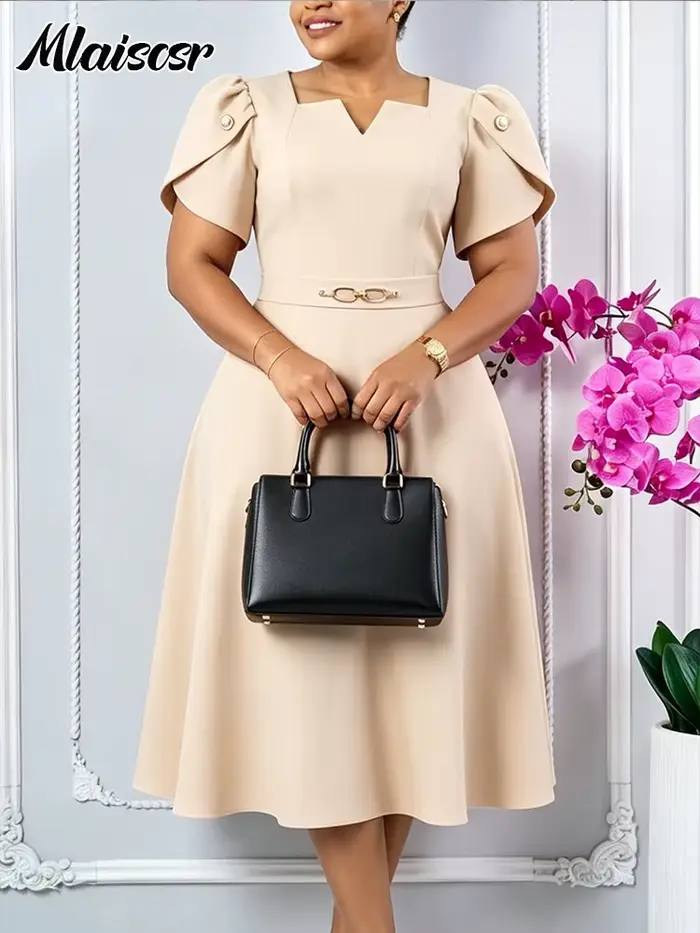 Robe midi trapèze Mlaiscsr élégante avec col en V et manches bouffantes pour femme, idéale pour le bureau, l'église et les occasions spéciales