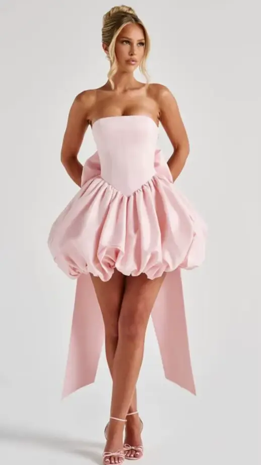 Robes de graduation roses personnalisées avec grand nœud, sans bretelles, en satin ivoire, courtes,