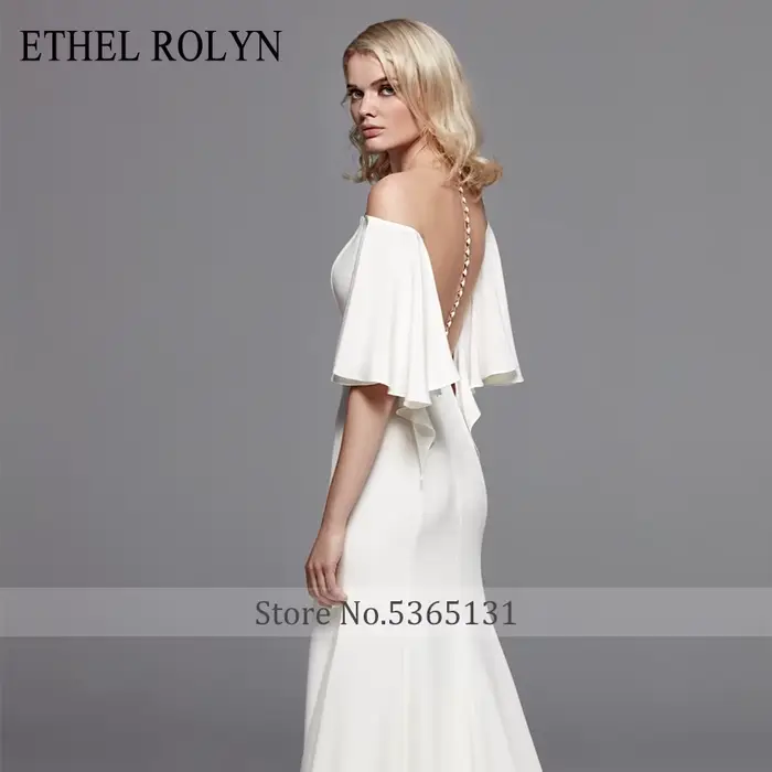 Élégant col bateau sirène robes De mariée Satin manches chauve-souris Illusion dos nu ETHEL ROLYN robe
