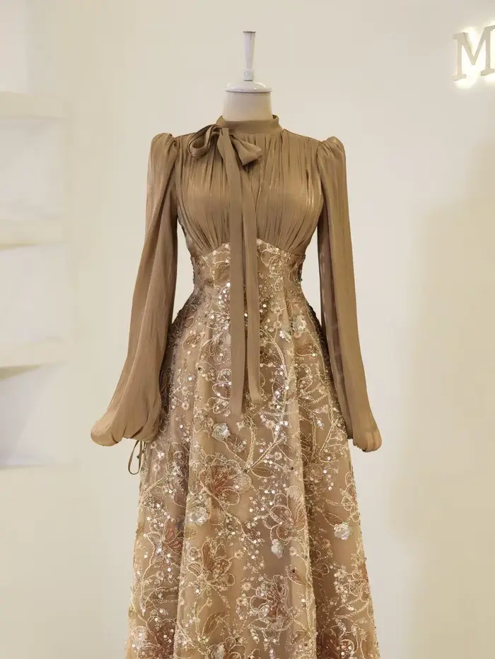 Robe de soirée islamique personnalisée pour femmes, en mousseline de soie, à fleurs, avec perles, ro