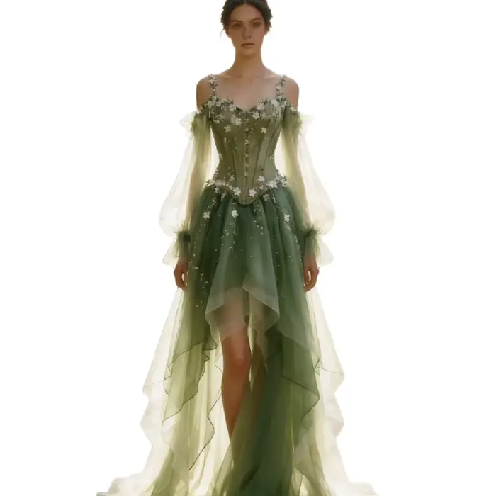 Robe de mariée vert forêt féerique 2026 à manches longues