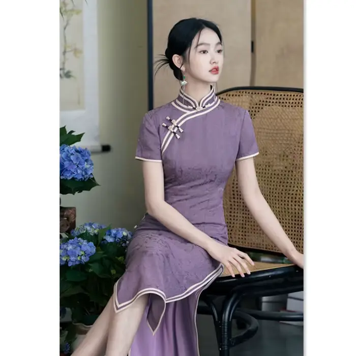 Qipao-Robe Longue à Manches Courtes en Jacquard pour Femme