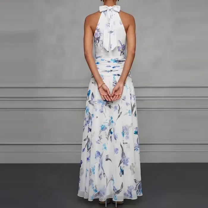 Robe d'été décontractée style bohème imprimé floral plissée sans manches col halter taille haute pour femmes occasions spéciales