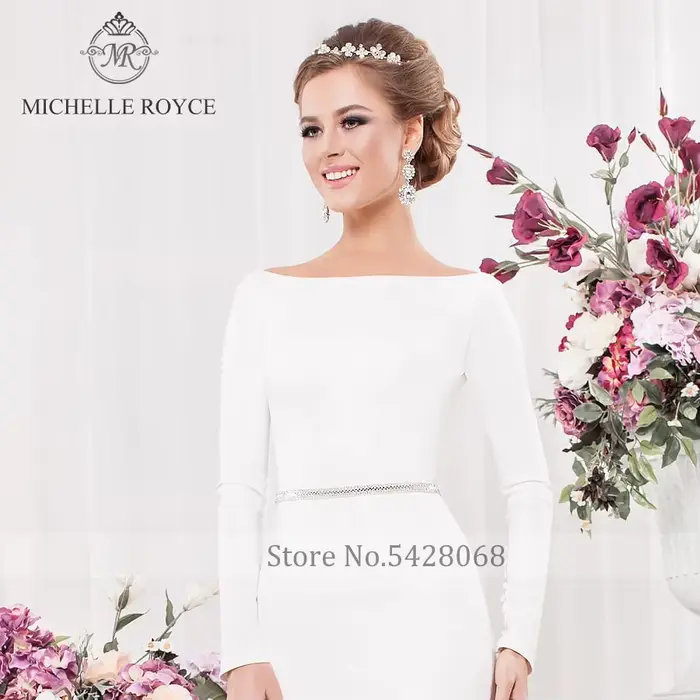Michelle Royce robes De mariée sirène Sexy Scoop manches longues dos nu bouton perlé Court Train