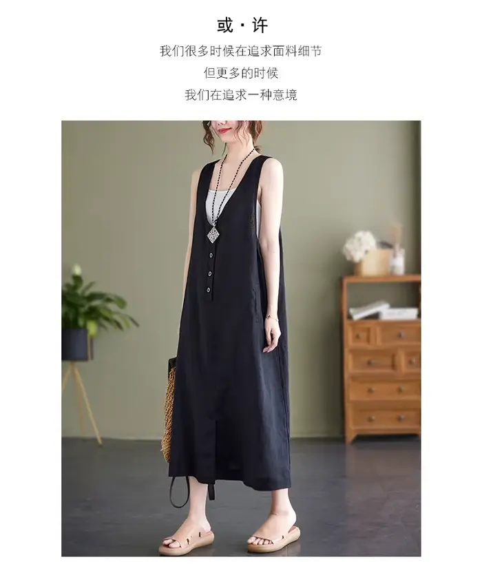 Nouvelle Robe Débardeur Femme Été Style Mori Girl Vintage Couleur Unie Coton Lin Col V Sans Manches Décontractée Ample Longueur Midi