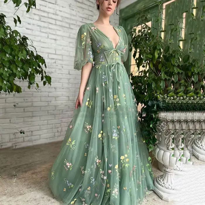 Robes De Bal vert Sexy col en v profond manches bouffantes dentelle broderie Tulle Robe De Soirée formelle élégante