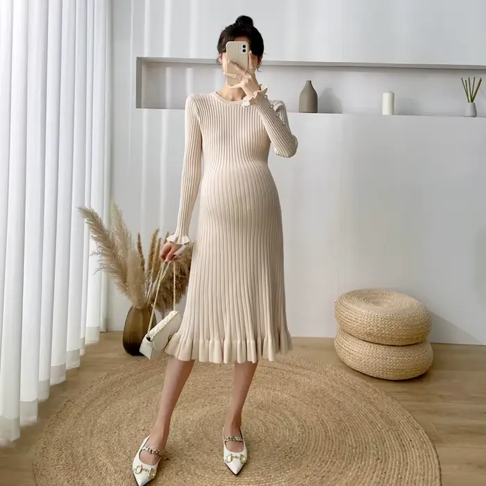 Robe trapèze à volants avec perles pour femmes enceintes, pulls minces, vêtements de grossesse, chic