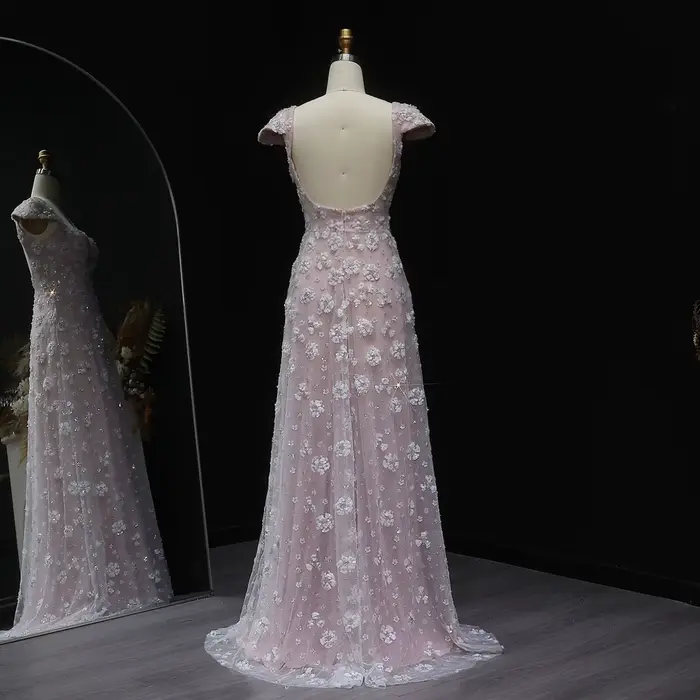 Robe de soirée Sharon Said Chic rose clair personnalisée pour femmes avec perles et paillettes pour soirées officielles mariages et cérémonies