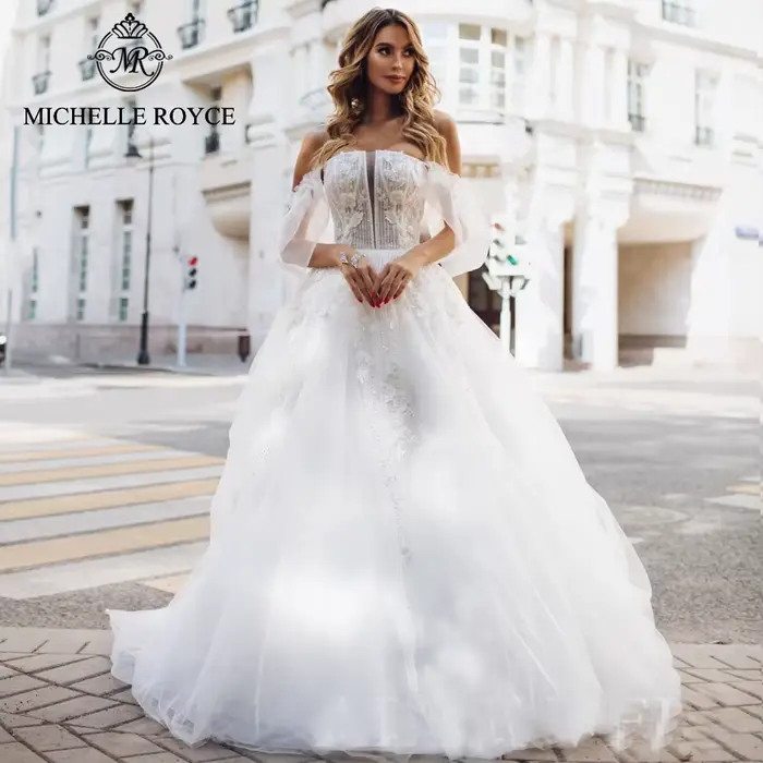Michelle Royce-Robes de mariée A-ligne pour femmes, appliques festonnées, dos nu, train chapelle rom