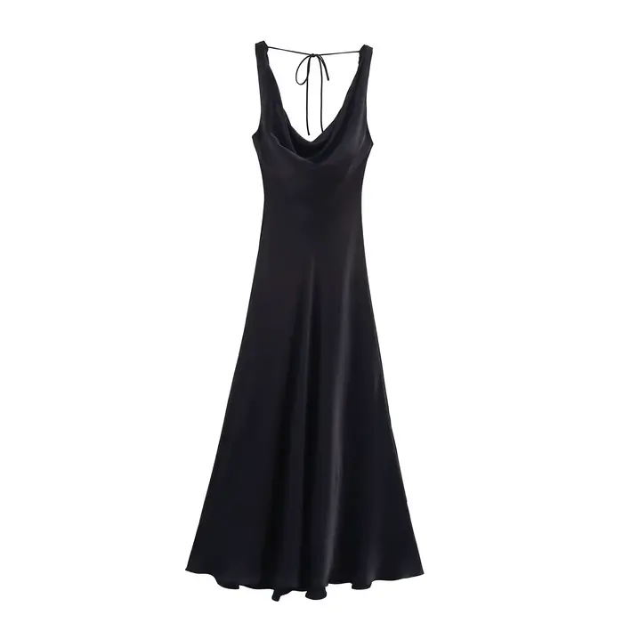 HH femmes été vacances Style col en v Satin Texture robe femme élégante Sexy solide dos nu à lacets sangle