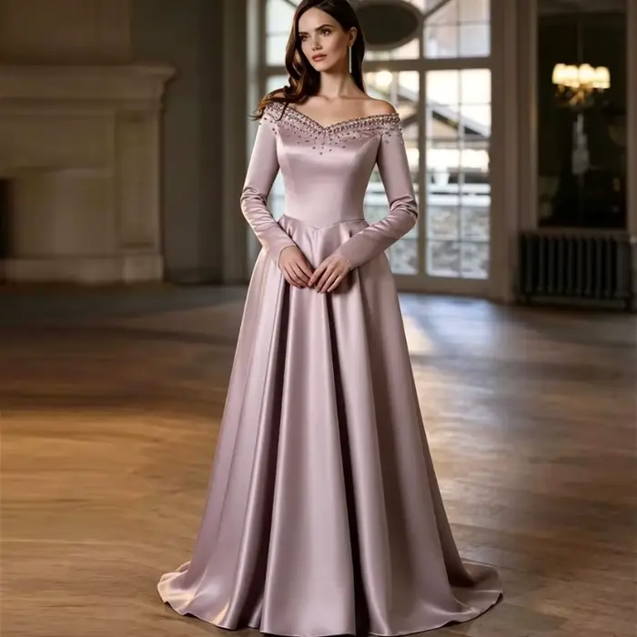 Robe de mère de la mariée en satin personnalisée, coupe trapèze, col en V, perles, soutien-gorge intégré, pour occasions spéciales et événements formels