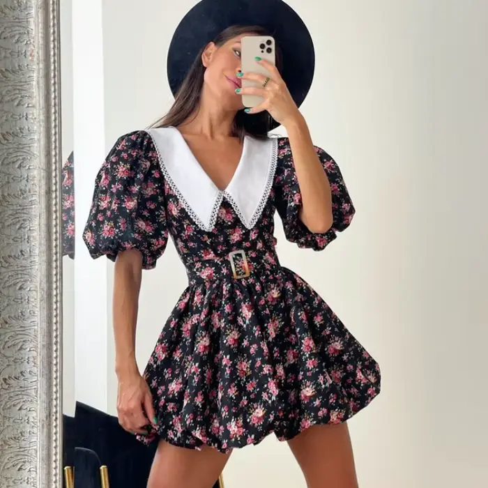 Robe Courte Plissée Vintage d'Été 2026 pour Femme