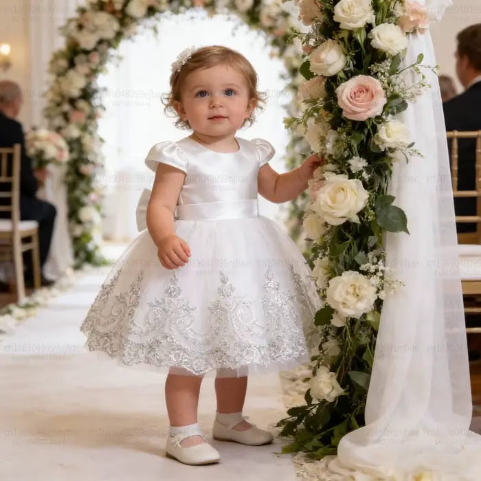 Robe de Soirée Blanche Pour Bébé Brodée de Fleurs Élégante Pour Mariages Princesse Baptême Soirée Bal De Promo