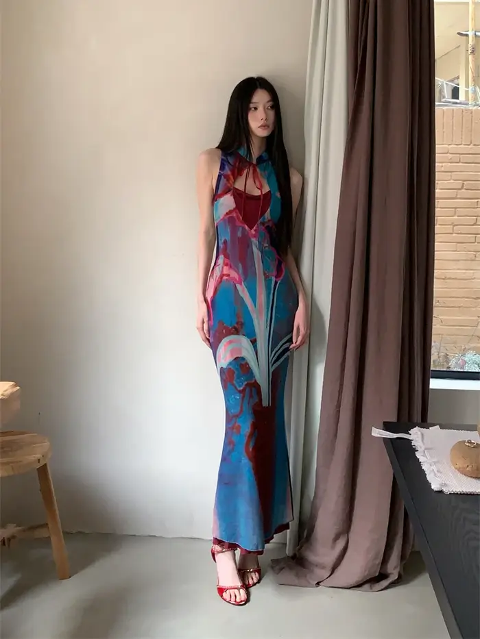 CHEERART Designer Floral longue robe d'été femme 2025 fête soirée moulante tuniques sans manches une ligne