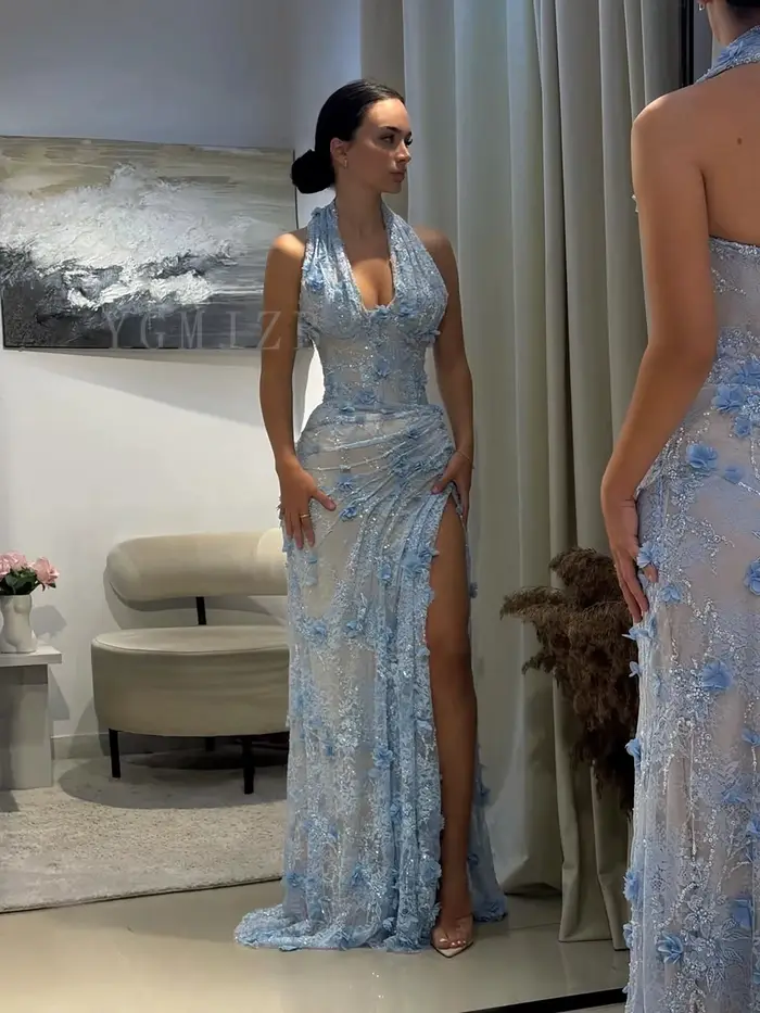 Robe de soirée verte de luxe col halter avec dentelle perlée et cristaux 3D pour femmes - idéale pour événements formels et occasions spéciales