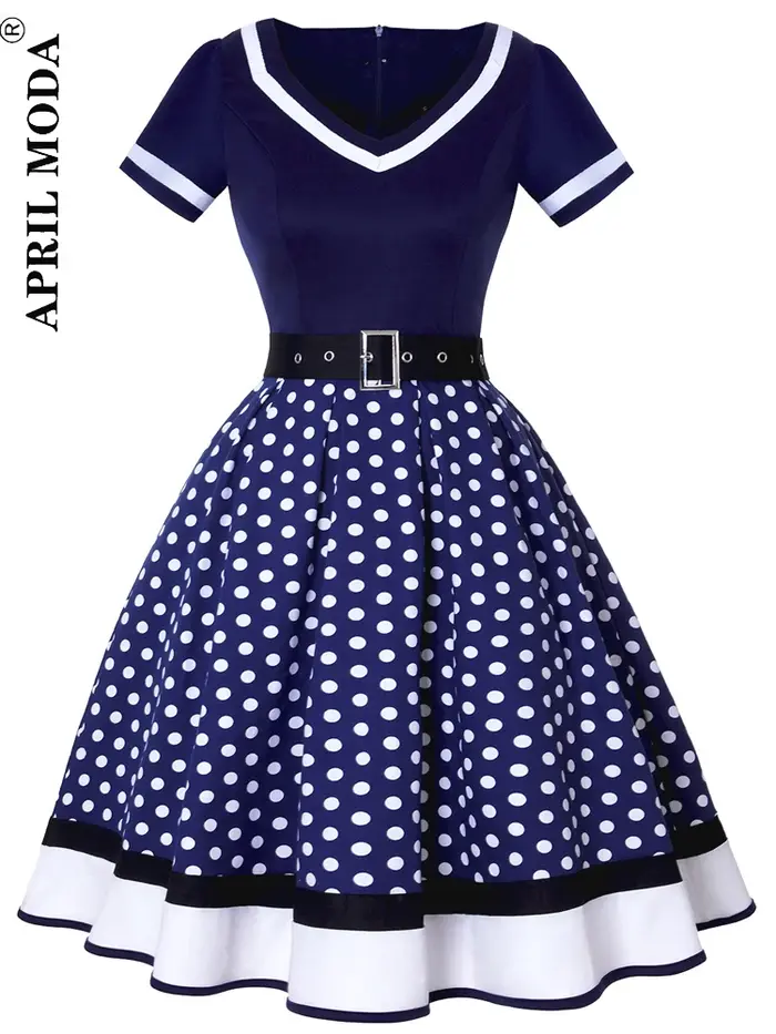 Robe de soirée vintage avec ceinture imprimée à pois, manches courtes, style Rockabilly Pin-Up années 50 et 60 pour femmes grandes tailles occassions spéciales
